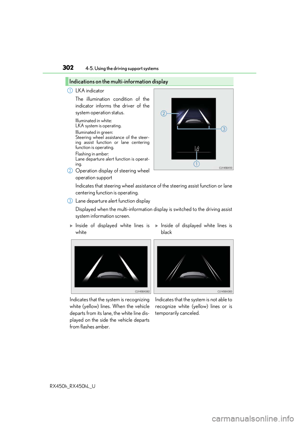 LEXUS RX450H 2019  Owners Manual 3024-5. Using the driving support systems
RX450h_RX450hL_U
LKA indicator
The illumination condition of the
indicator informs the driver of the
system operation status.
Illuminated in white: 
LKA syste