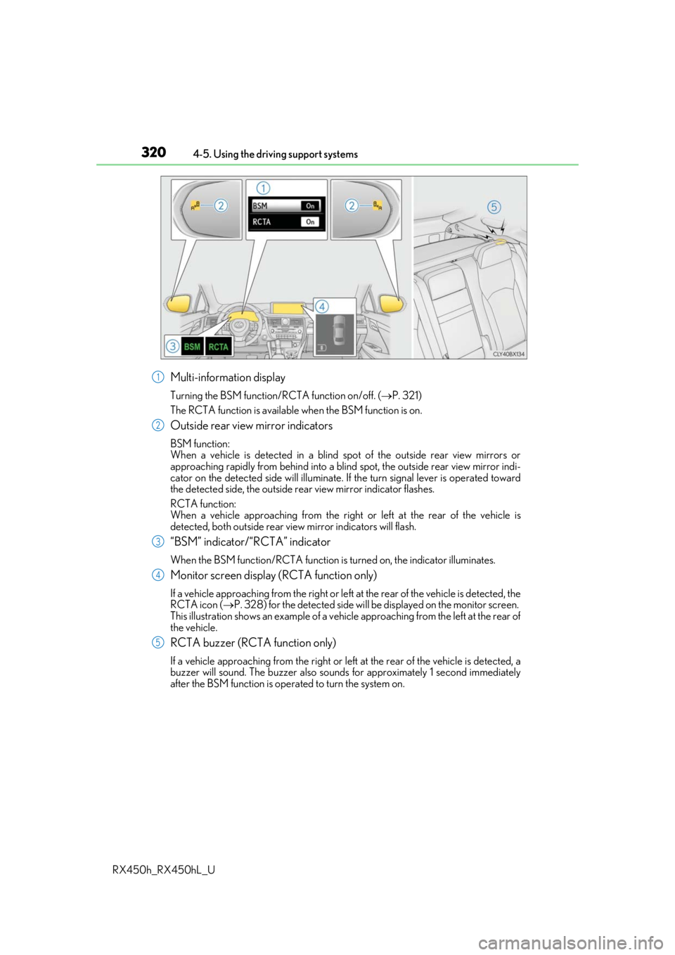 LEXUS RX450H 2019  Owners Manual 3204-5. Using the driving support systems
RX450h_RX450hL_U
Multi-information display
Turning the BSM function/RCTA function on/off. ( P. 321)
The RCTA function is available  when the BSM function i