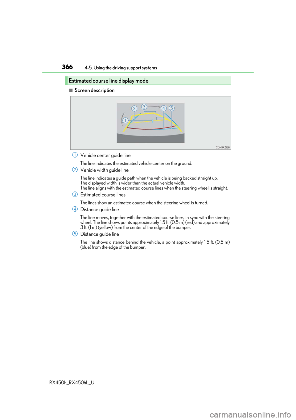 LEXUS RX450H 2019  Owners Manual 3664-5. Using the driving support systems
RX450h_RX450hL_U
■Screen description Vehicle center guide line
The line indicates the estimated vehicle center on the ground.
Vehicle width guide line
The l