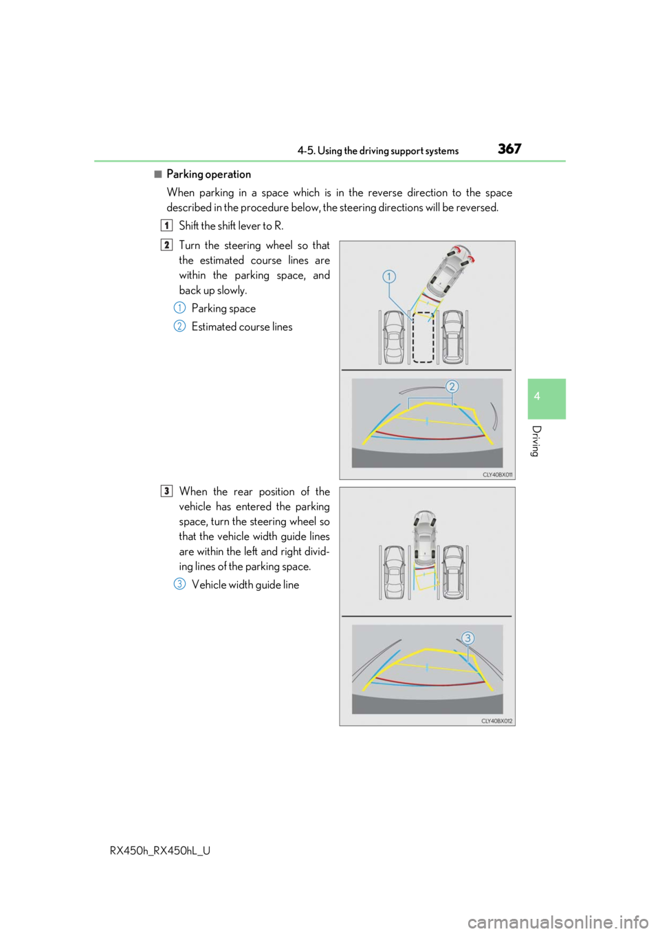 LEXUS RX450H 2019  Owners Manual 3674-5. Using the driving support systems
4
Driving
RX450h_RX450hL_U
■Parking operation
When parking in a space which is in the reverse direction to the space
described in the procedure below, the s