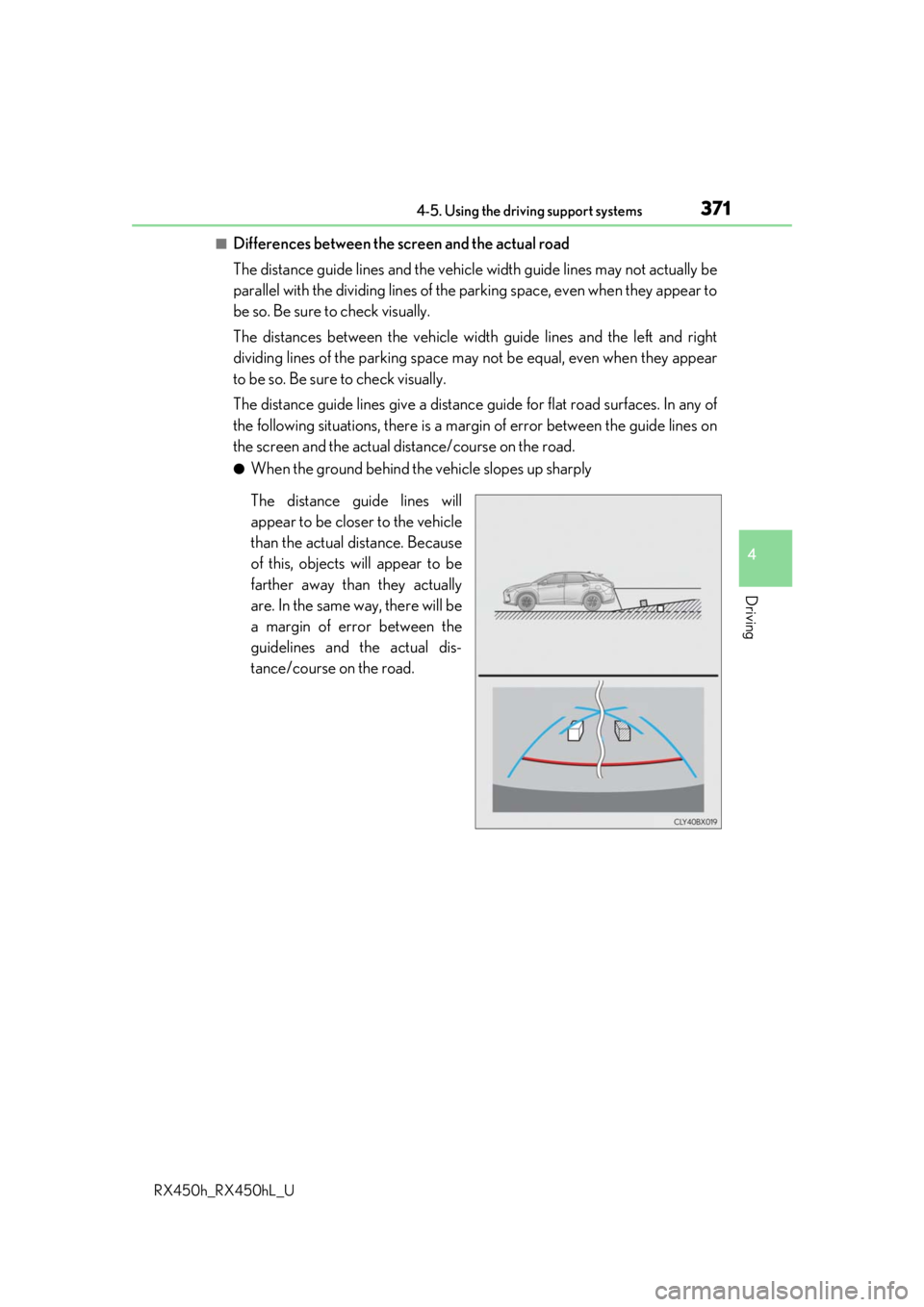 LEXUS RX450H 2019  Owners Manual 3714-5. Using the driving support systems
4
Driving
RX450h_RX450hL_U
■Differences between the screen and the actual road
The distance guide lines and the vehicle width guide lines may not actually b