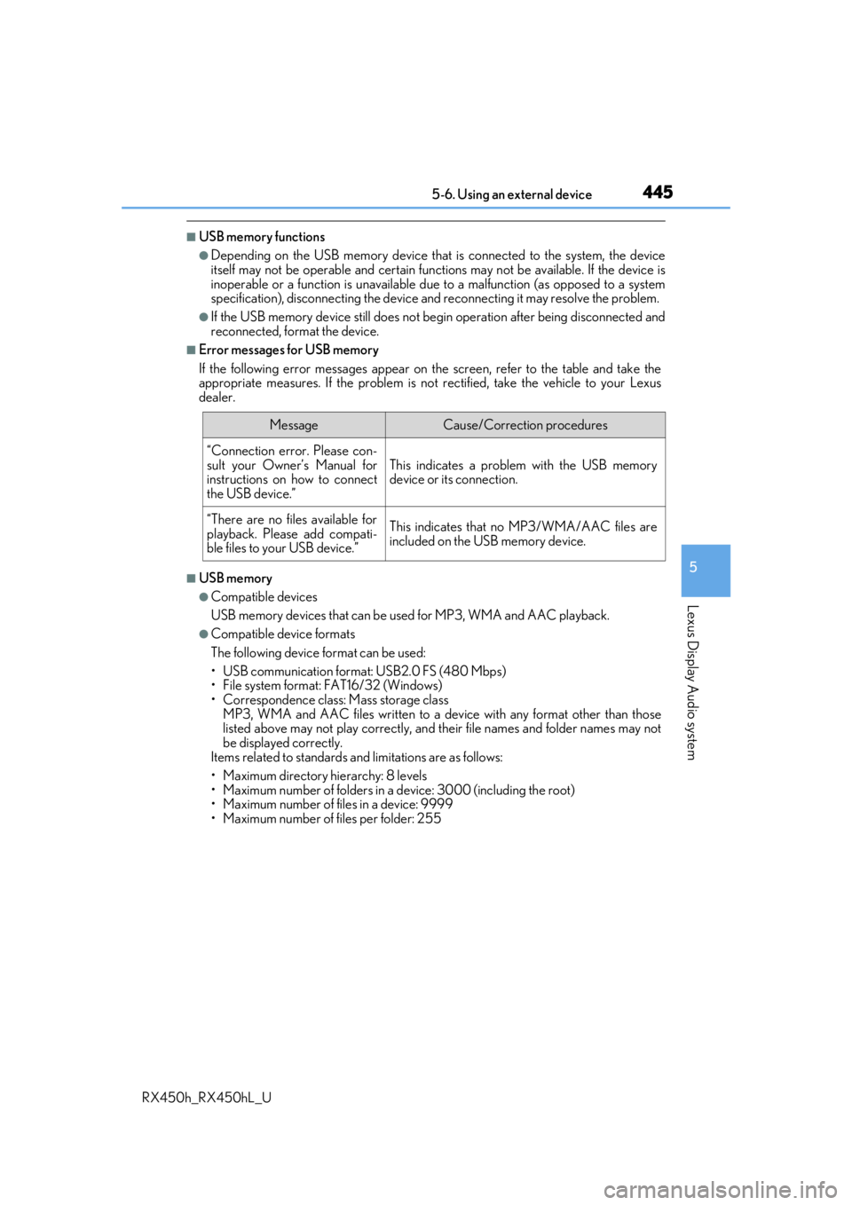 LEXUS RX450H 2019  Owners Manual 4455-6. Using an external device
5
Lexus Display Audio system
RX450h_RX450hL_U
■USB memory functions
●Depending on the USB memory device that is connected to the system, the device
itself may not 