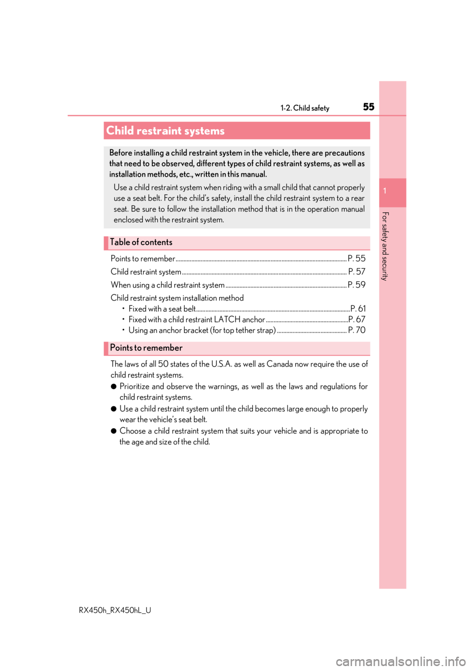 LEXUS RX450H 2019  Owners Manual 551-2. Child safety
1
For safety and security
RX450h_RX450hL_U
Points to remember ..............................................................................................................P. 55
Ch