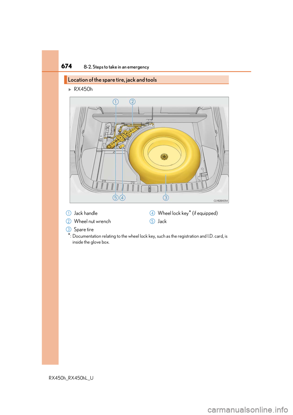 LEXUS RX450H 2019  Owners Manual 6748-2. Steps to take in an emergency
RX450h_RX450hL_U
RX450h
*: Documentation relating to the wheel lock key, such as the registration and I.D. card, is
inside the glove box.
Location of the spare