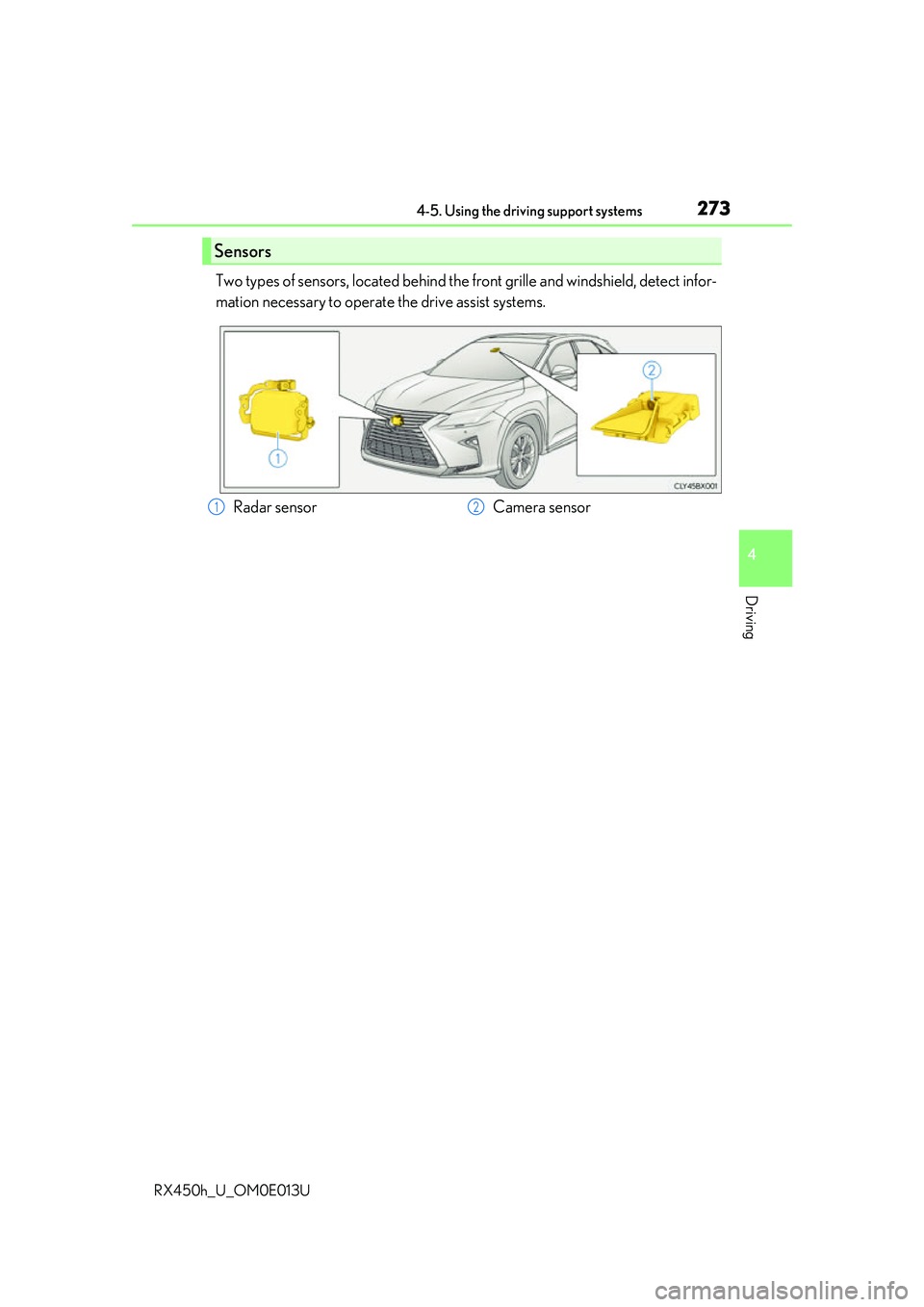 LEXUS RX450H 2016  Owners Manual 2734-5. Using the driving support systems
4
Driving
RX450h_U_OM0E013U
Two types of sensors, located behind the front grille and windshield, detect infor-
mation necessary to operate the drive assist s
