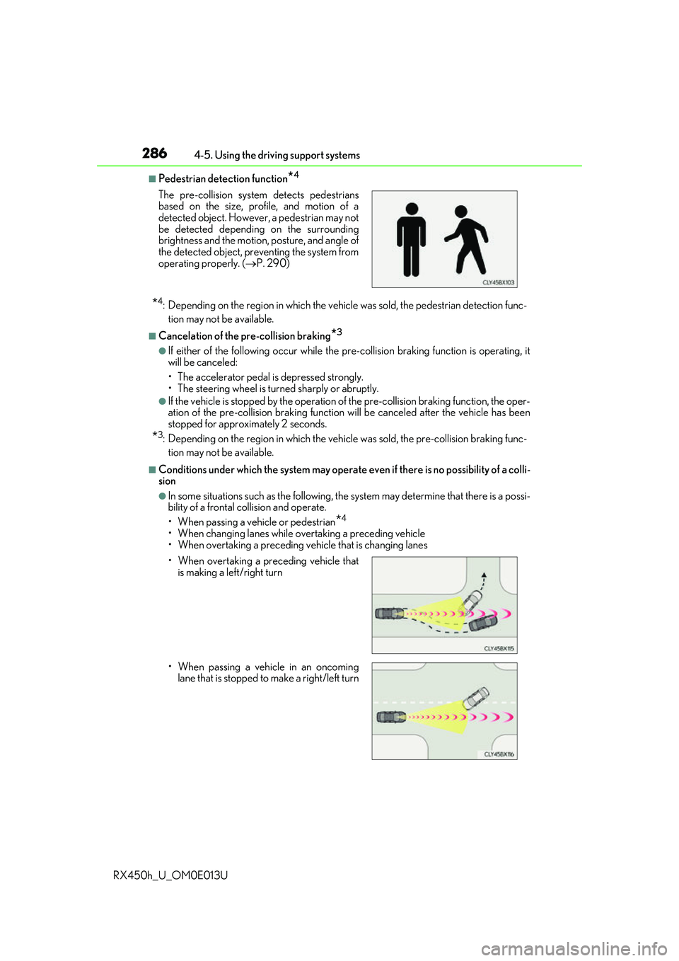 LEXUS RX450H 2016  Owners Manual 2864-5. Using the driving support systems
RX450h_U_OM0E013U
■Pedestrian detection function*4
*4: Depending on the region in which the vehi cle was sold, the pedestrian detection func-
tion may not b