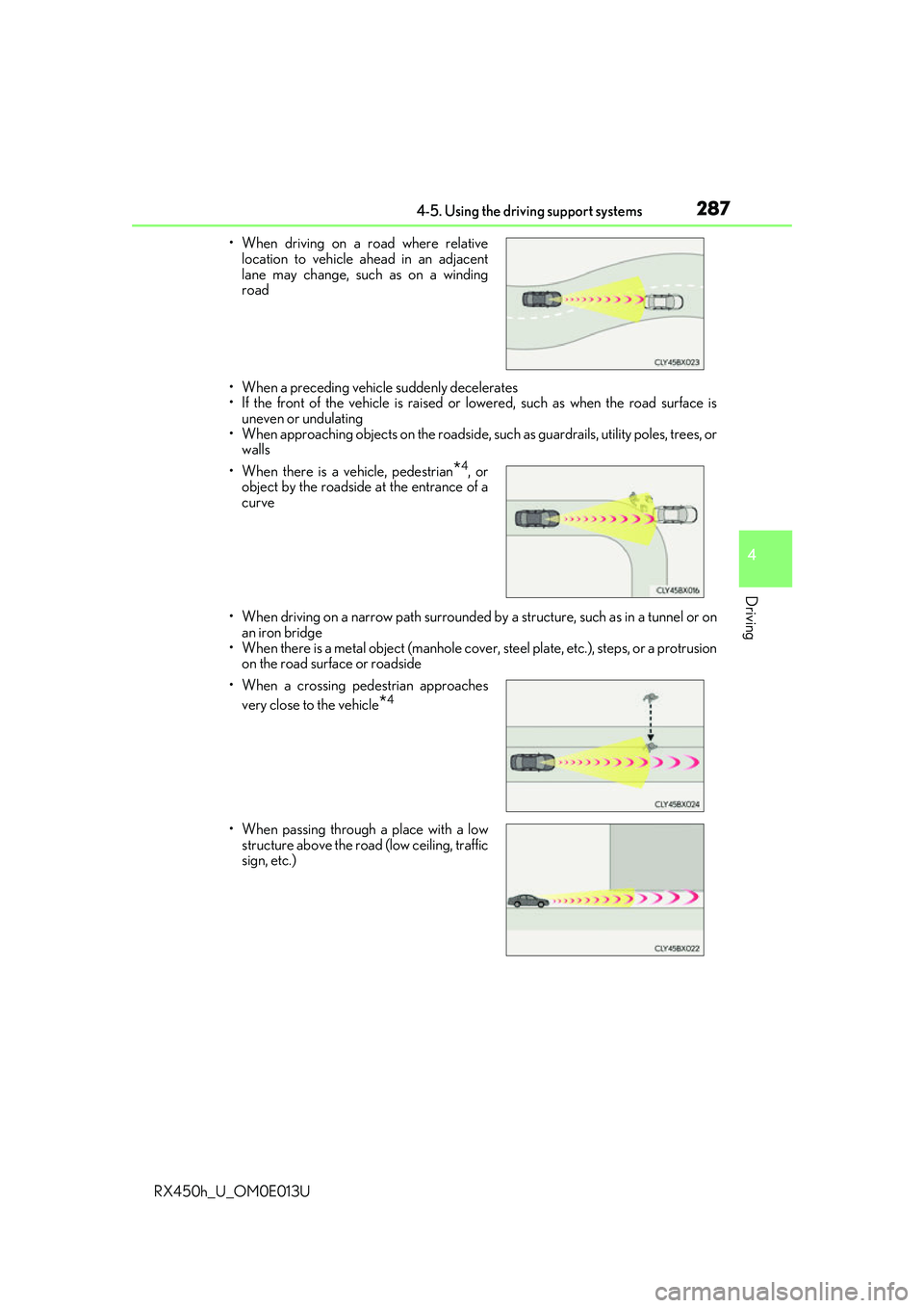 LEXUS RX450H 2016  Owners Manual 2874-5. Using the driving support systems
4
Driving
RX450h_U_OM0E013U• When a preceding vehicle suddenly decelerates
• If the front of the vehicle is raised or lowered, such as when the road surfa