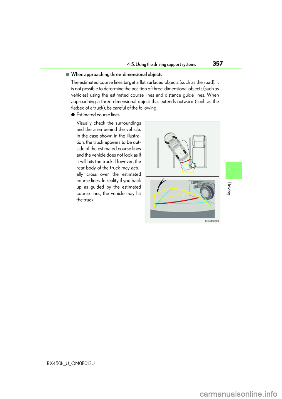 LEXUS RX450H 2016  Owners Manual 3574-5. Using the driving support systems
4
Driving
RX450h_U_OM0E013U
■When approaching three-dimensional objects
The estimated course lines target a flat surfaced objects (such as the road). It
is 