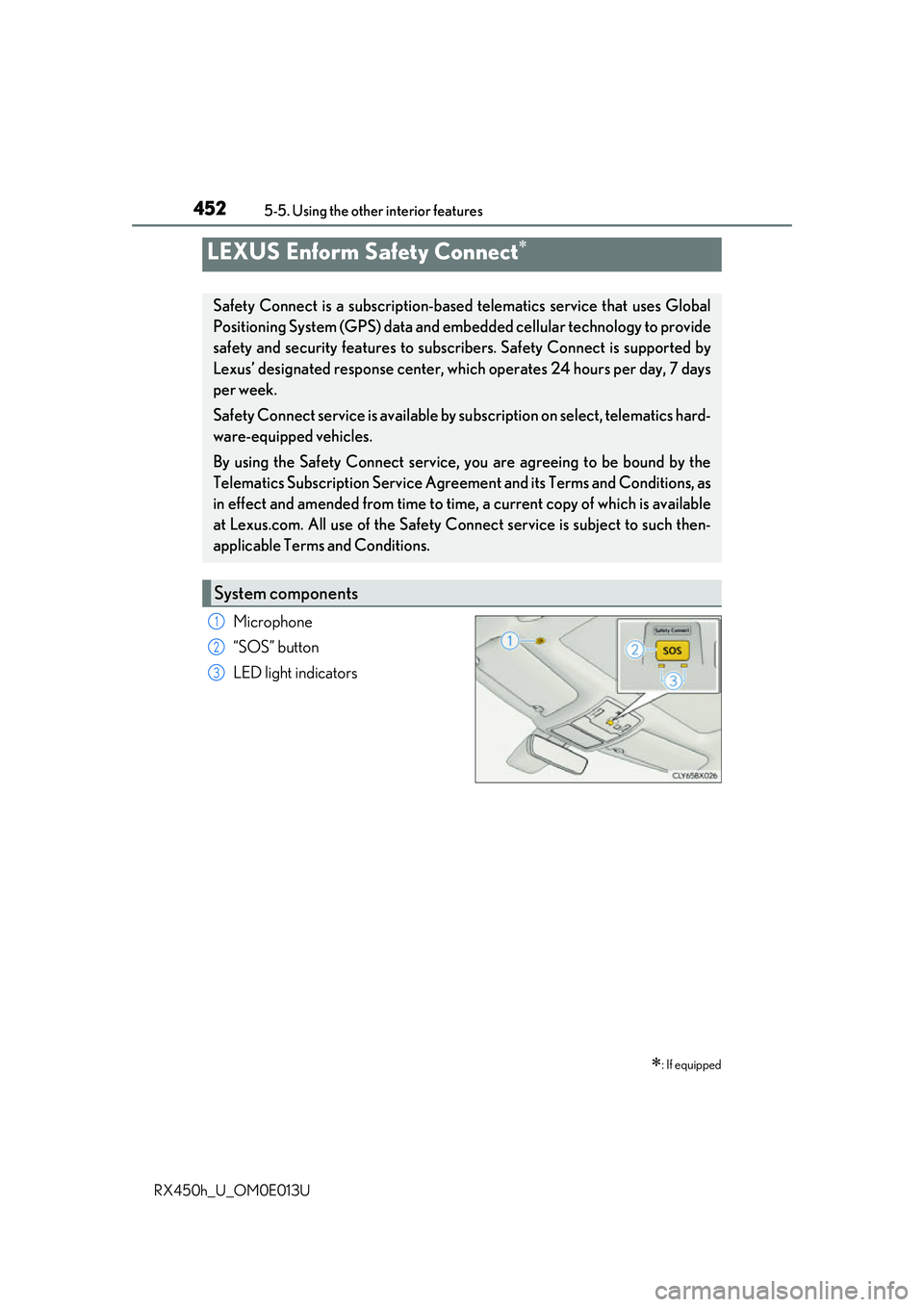 LEXUS RX450H 2016  Owners Manual 4525-5. Using the other interior features
RX450h_U_OM0E013U
Microphone
“SOS” button
LED light indicators
LEXUS Enform Safety Connect
: If equipped
Safety Connect is a subscription-based tele