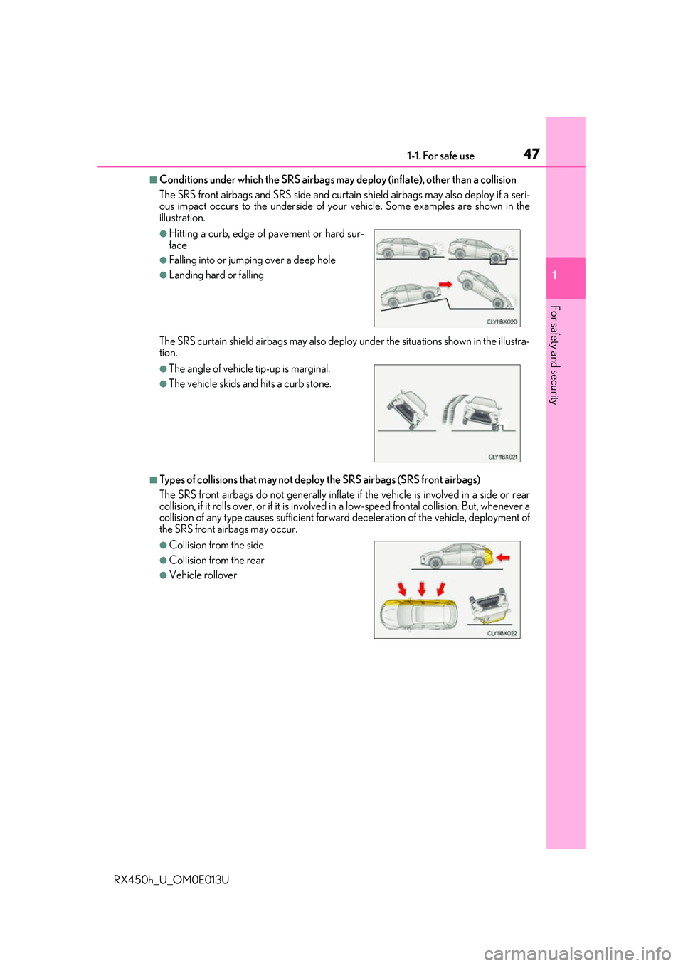 LEXUS RX450H 2016  Owners Manual 471-1. For safe use
1
For safety and security
RX450h_U_OM0E013U
■Conditions under which the SRS airbags may deploy (inflate), other than a collision
The SRS front airbags and SRS si de and curtain s