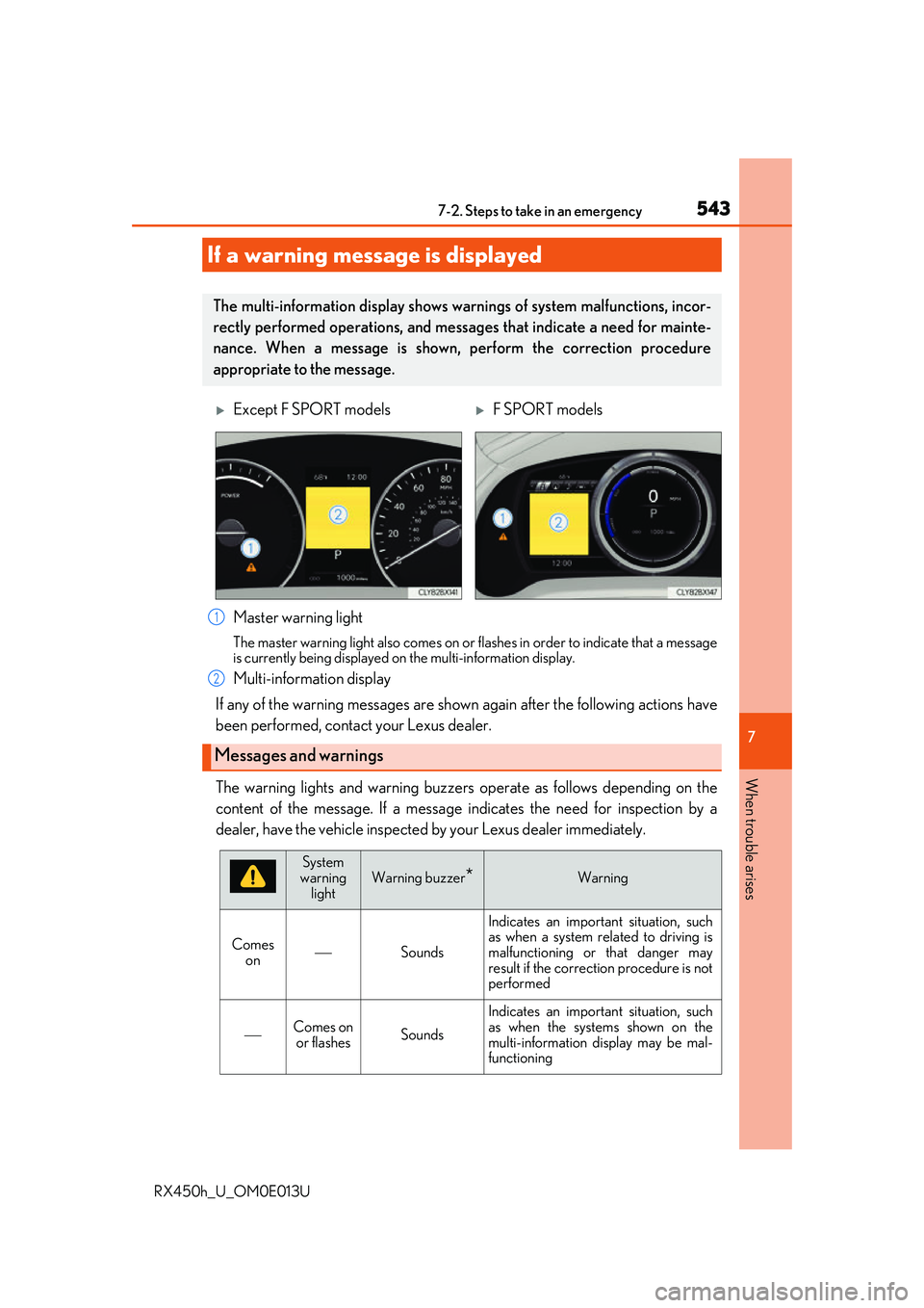 LEXUS RX450H 2016  Owners Manual 5437-2. Steps to take in an emergency
7
When trouble arises
RX450h_U_OM0E013U
The warning lights and warning buzzers operate as follows depending on the
content of the message. If a message indicates 