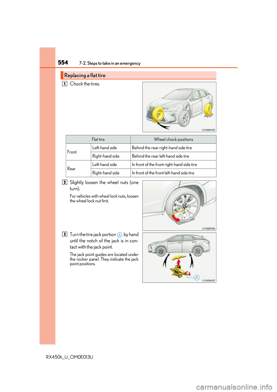 LEXUS RX450H 2016  Owners Manual 5547-2. Steps to take in an emergency
RX450h_U_OM0E013U
Chock the tires.
Slightly loosen the wheel nuts (one
turn).
For vehicles with wheel lock nuts, loosen
the wheel lock nut first.
Turn the tire ja