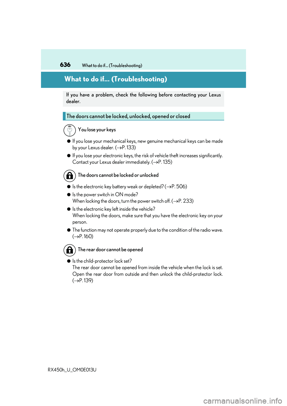 LEXUS RX450H 2016  Owners Manual 636
RX450h_U_OM0E013UWhat to do if... (Troubleshooting)
What to do if... (Troubleshooting)
●If you lose your mechanical keys, ne
w genuine mechanical keys can be made
by your Lexus dealer. ( P. 1