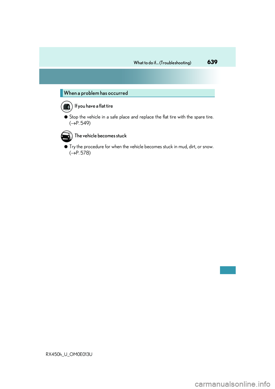 LEXUS RX450H 2016  Owners Manual 639What to do if... (Troubleshooting)
RX450h_U_OM0E013U
●Stop the vehicle in a safe place and replace the flat tire with the spare tire.
( P. 549)
●Try the procedure for when the vehicle  becom