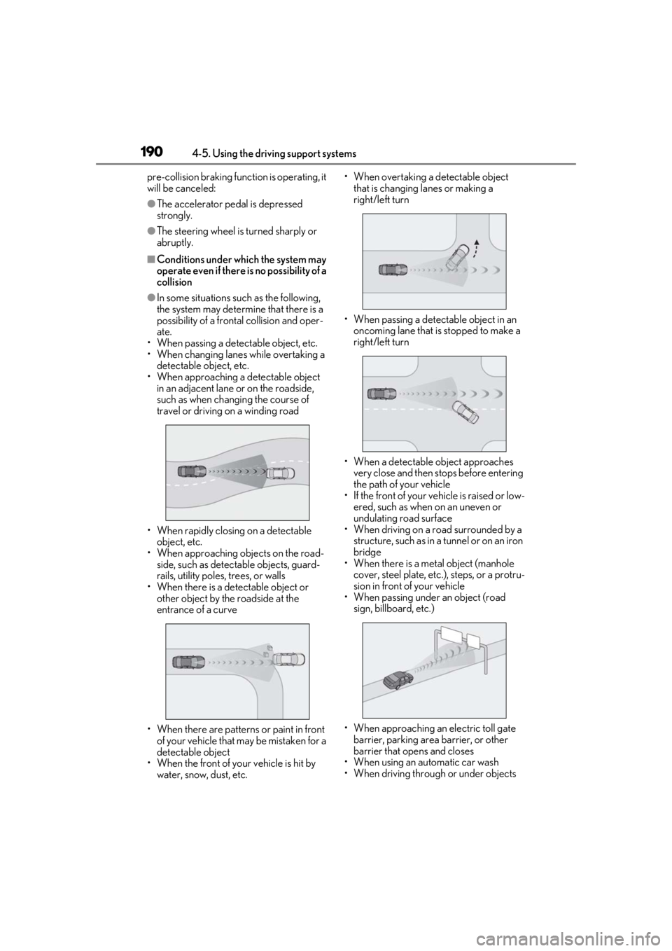 LEXUS UX200 2019  Owners Manual 1904-5. Using the driving support systems
pre-collision braking function is operating, it 
will be canceled:
●The accelerator pedal is depressed 
strongly.
●The steering wheel is turned sharply or