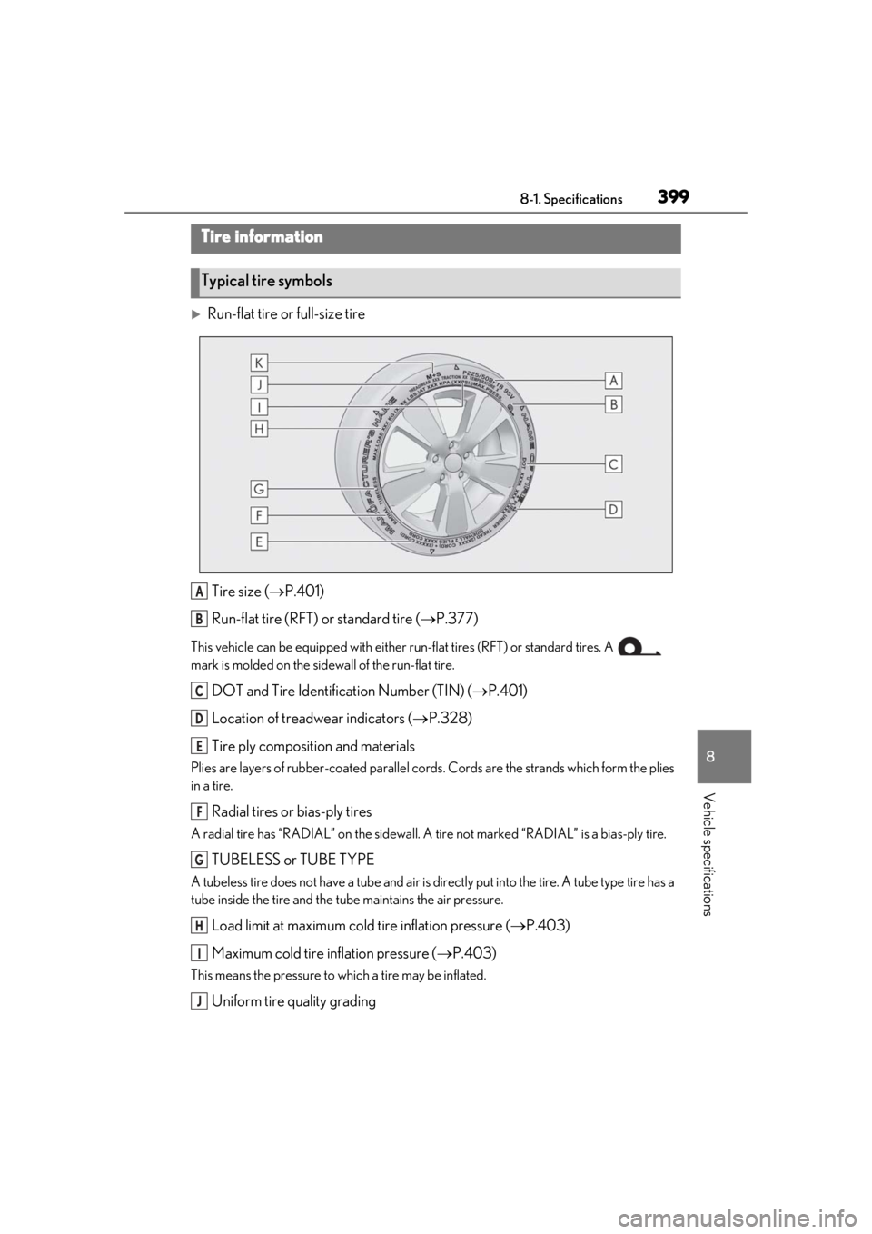 LEXUS UX200 2019  Owners Manual 3998-1. Specifications
8
Vehicle specifications
Run-flat tire or full-size tireTire size ( P.401)
Run-flat tire (RFT) or standard tire ( P.377)
This vehicle can be equipped with either run-fl