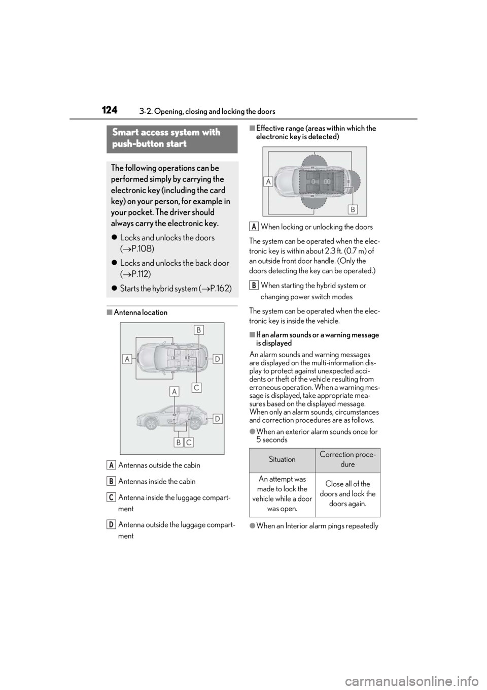 LEXUS UX250H 2019  Owners Manual 1243-2. Opening, closing and locking the doors
■Antenna locationAntennas outside the cabin
Antennas inside the cabin
Antenna inside the luggage compart-
ment
Antenna outside the luggage compart-
men