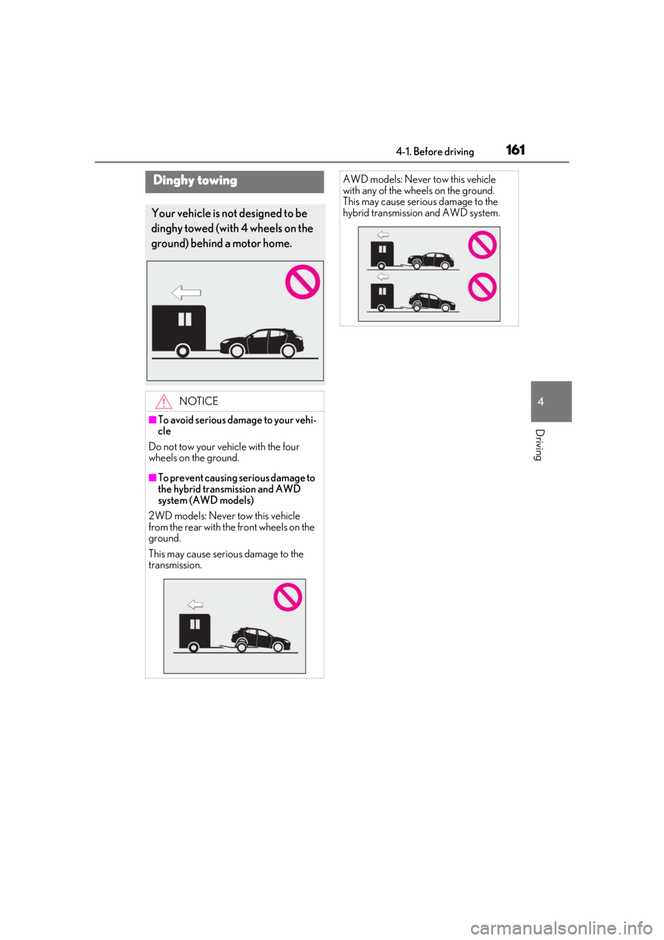 LEXUS UX250H 2019  Owners Manual 1614-1. Before driving
4
Driving
Dinghy towing
Your vehicle is not designed to be 
dinghy towed (with 4 wheels on the 
ground) behind a motor home.
NOTICE
■To avoid serious damage to your vehi-
cle
