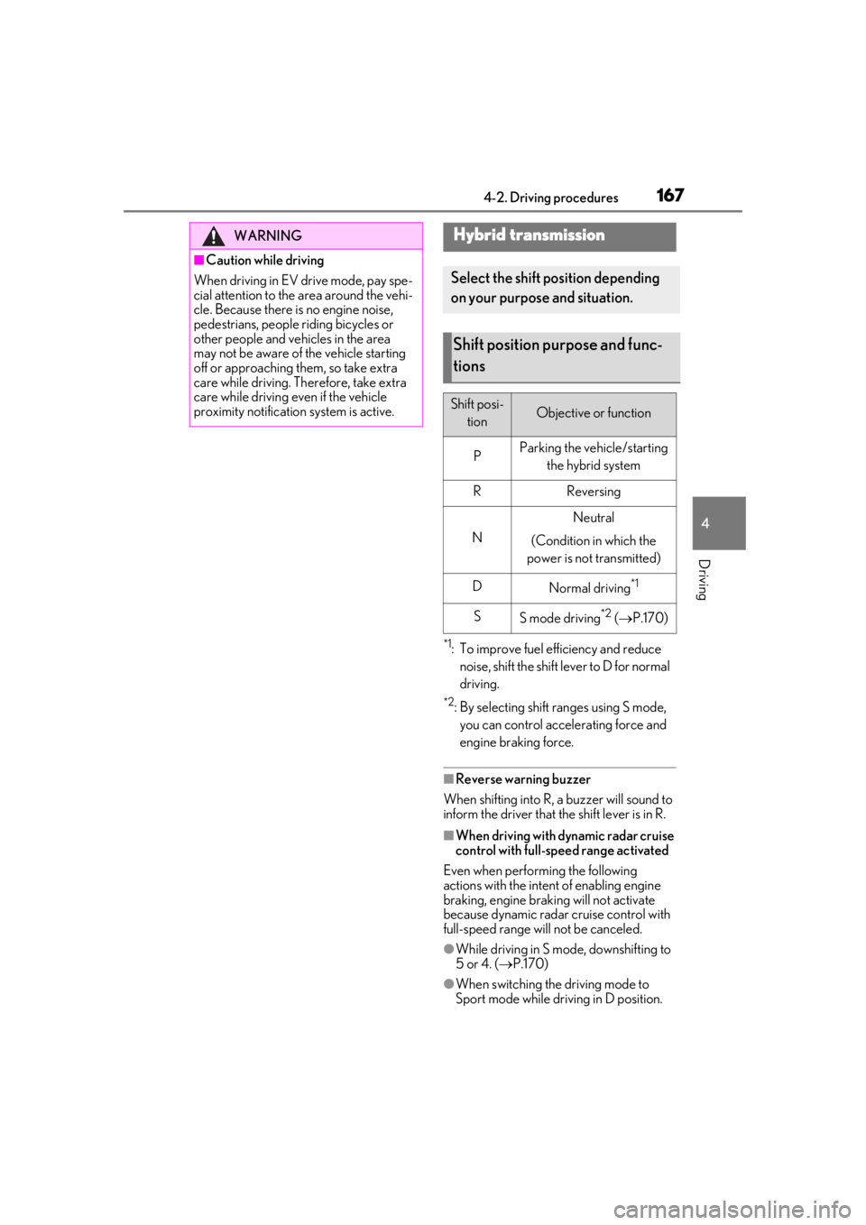 LEXUS UX250H 2019  Owners Manual 1674-2. Driving procedures
4
Driving
*1: To improve fuel efficiency and reduce noise, shift the shift lever to D for normal 
driving.
*2: By selecting shift ranges using S mode, you can control accele