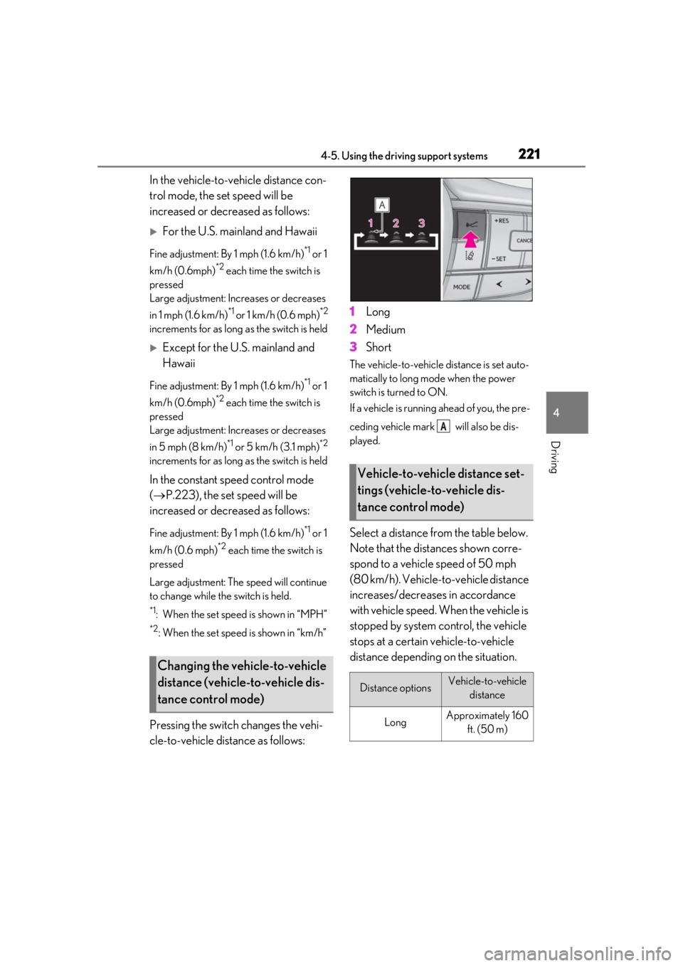 LEXUS UX250H 2019  Owners Manual 2214-5. Using the driving support systems
4
Driving
In the vehicle-to-vehicle distance con-
trol mode, the set speed will be 
increased or decreased as follows:
For the U.S. mainland and Hawaii
Fin