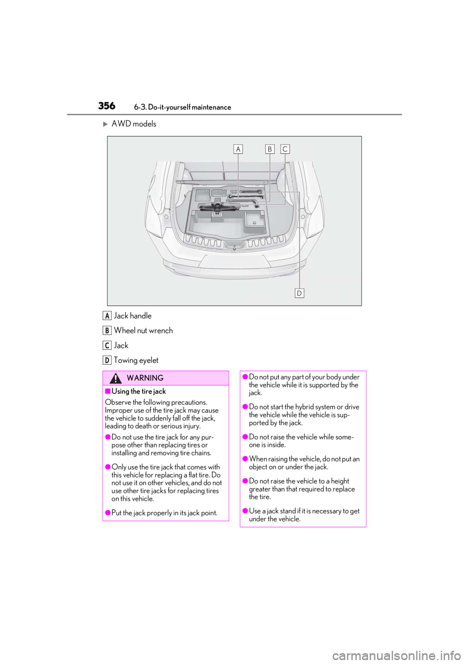 LEXUS UX250H 2019  Owners Manual 3566-3. Do-it-yourself maintenance
AWD modelsJack handle
Wheel nut wrench
Jack
Towing eyelet
A
B
C
D
WARNING
■Using the tire jack
Observe the following precautions.
Improper use of the tire jack 