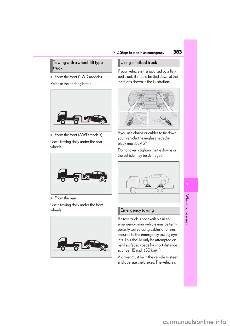 LEXUS UX250H 2019  Owners Manual 3837-2. Steps to take in an emergency
7
When trouble arises
From the front (2WD models)
Release the parking brake.
From the front (AWD models)
Use a towing dolly under the rear 
wheels.
From 