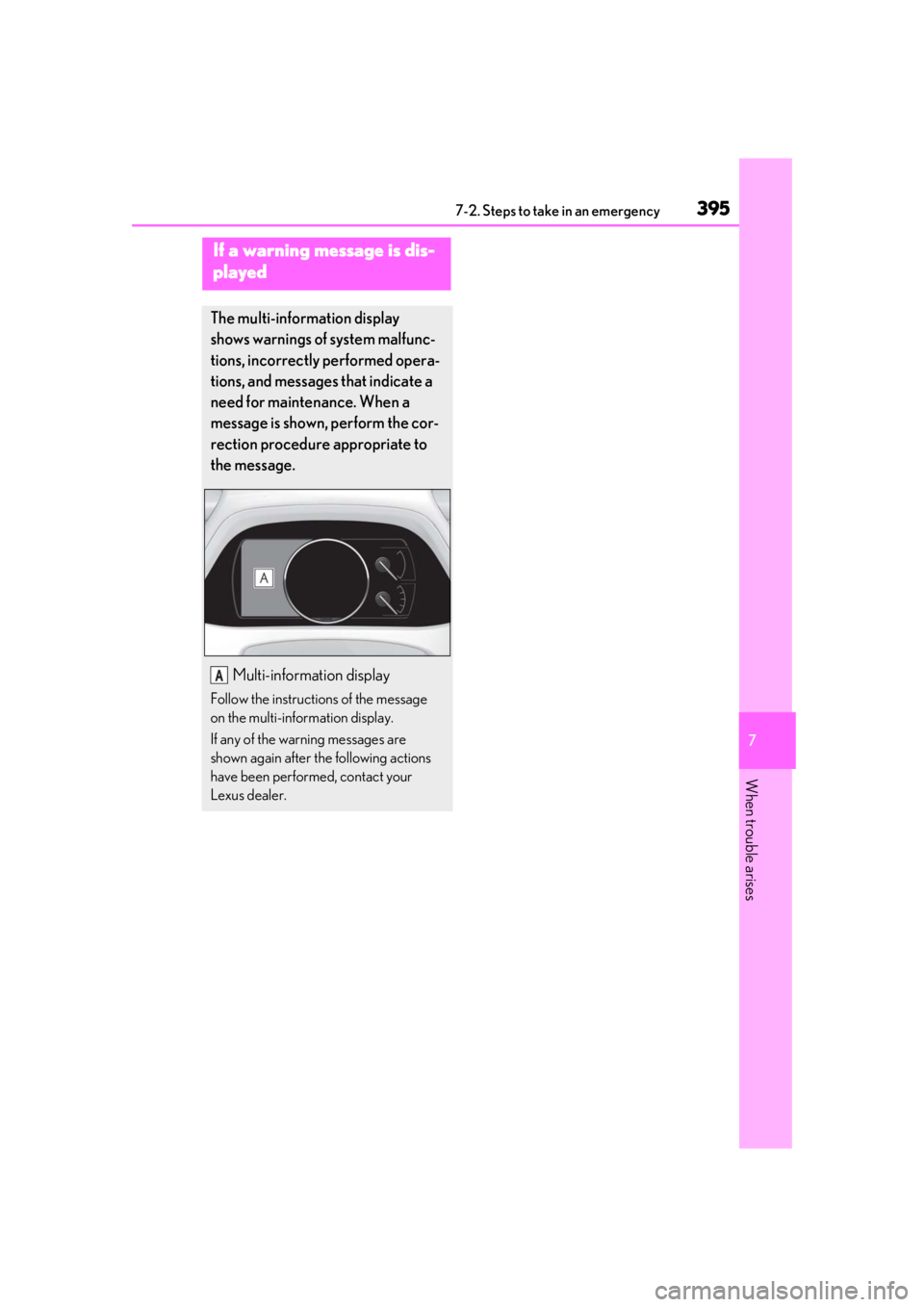 LEXUS UX250H 2019  Owners Manual 3957-2. Steps to take in an emergency
7
When trouble arises
If a warning message is dis-
played
The multi-information display 
shows warnings of system malfunc-
tions, incorrectly performed opera-
tio