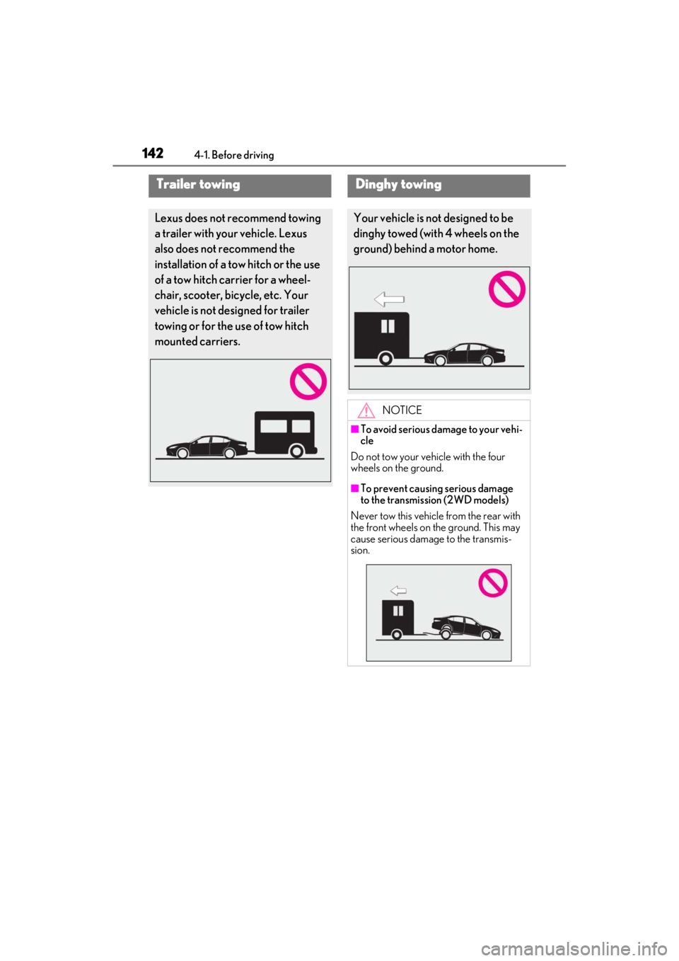 LEXUS ES350 2021  Owners Manual 1424-1. Before driving
Trailer towing
Lexus does not recommend towing 
a trailer with your vehicle. Lexus 
also does not recommend the 
installation of a tow hitch or the use 
of a tow hitch carrier f