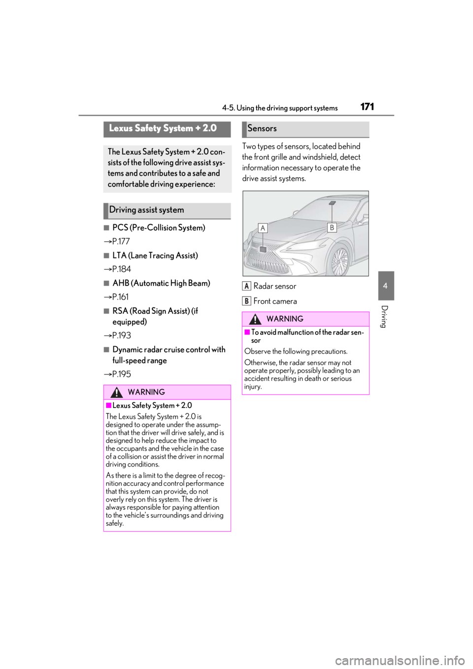 LEXUS ES350 2021  Owners Manual 1714-5. Using the driving support systems
4
Driving
4-5.Using the driving support systems
■PCS (Pre-Collision System)
 P.177
■LTA (Lane Tracing Assist)
 P.184
■AHB (Automatic High Beam)
