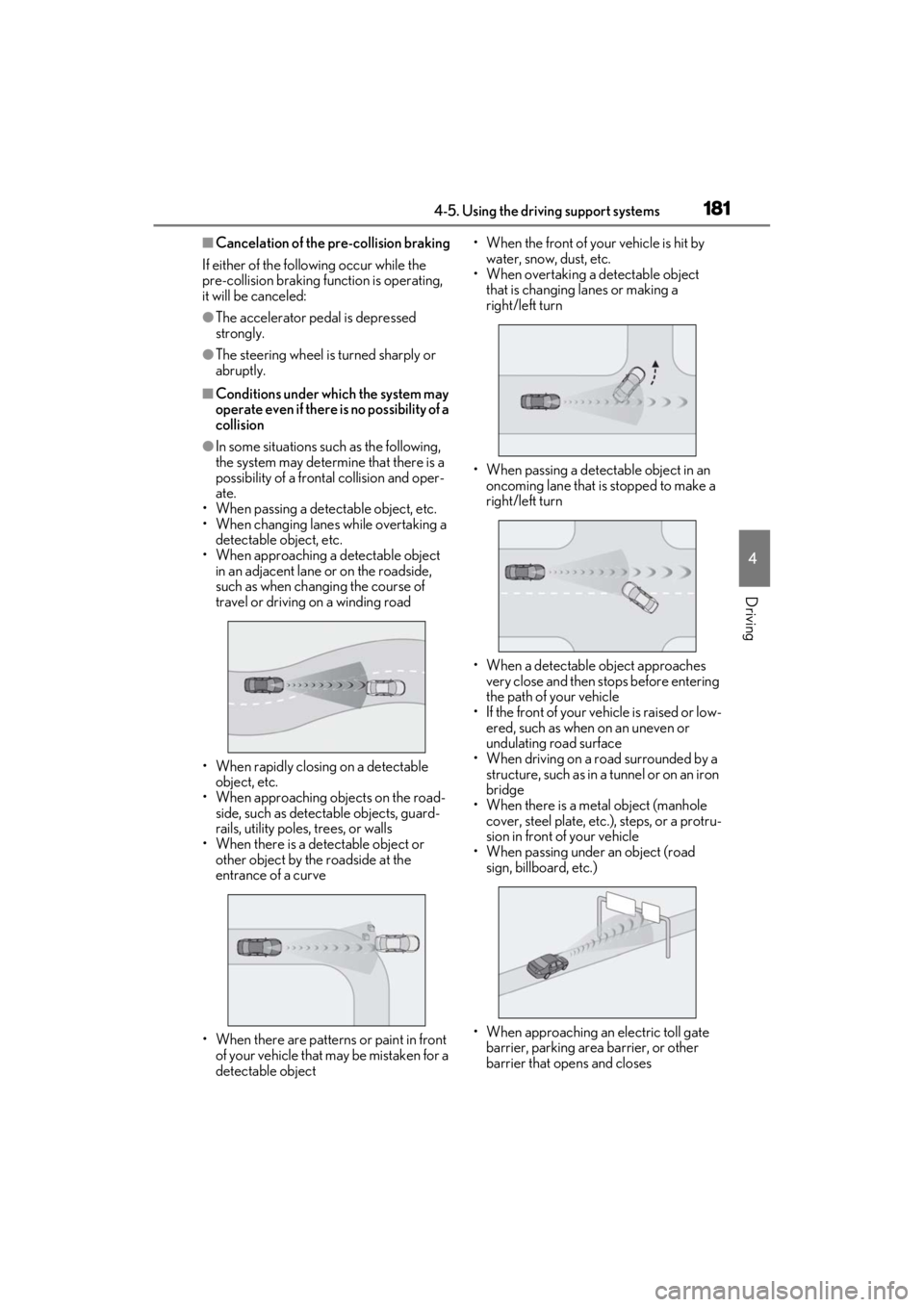LEXUS ES350 2021  Owners Manual 1814-5. Using the driving support systems
4
Driving
■Cancelation of the pre-collision braking
If either of the following occur while the 
pre-collision braking function is operating, 
it will be can