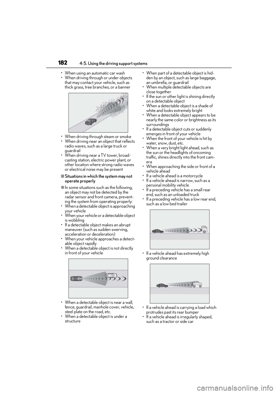 LEXUS ES350 2021  Owners Manual 1824-5. Using the driving support systems
• When using an automatic car wash
• When driving through or under objects that may contact your vehicle, such as 
thick grass, tree branches, or a banner
