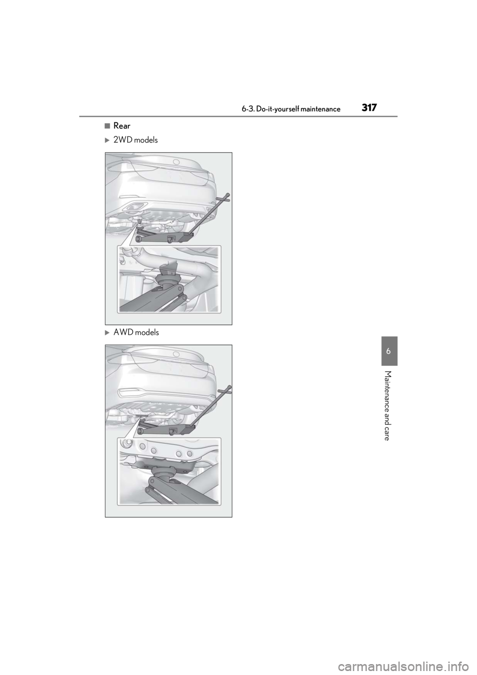 LEXUS ES350 2021  Owners Manual 3176-3. Do-it-yourself maintenance
6
Maintenance and care
■Rear
2WD models
AWD models 