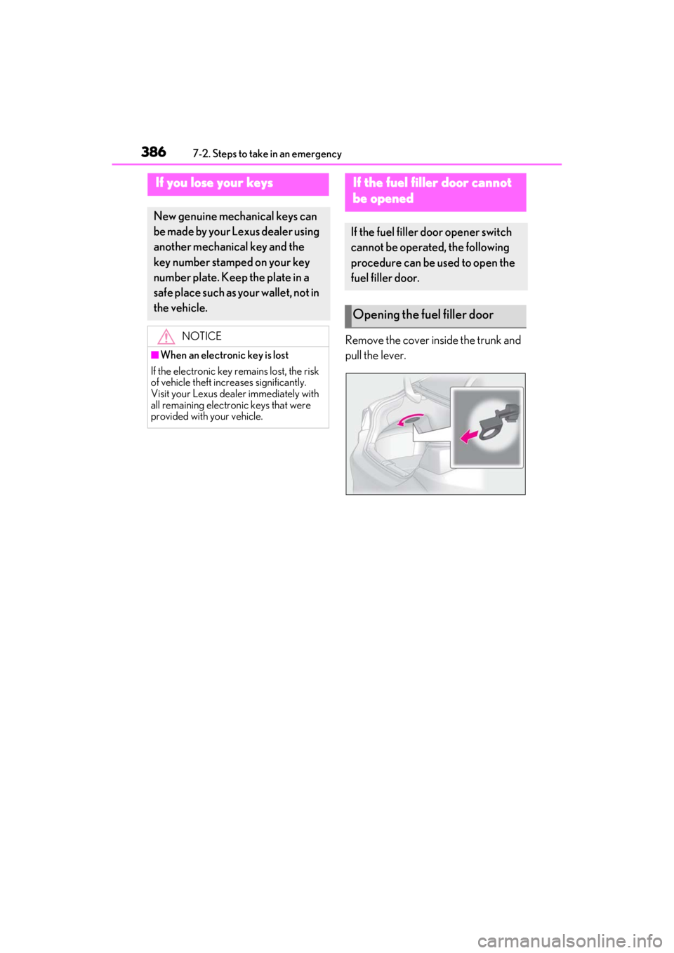 LEXUS ES350 2021  Owners Manual 3867-2. Steps to take in an emergency
Remove the cover inside the trunk and 
pull the lever.
If you lose your keys
New genuine mechanical keys can 
be made by your Lexus dealer using 
another mechanic