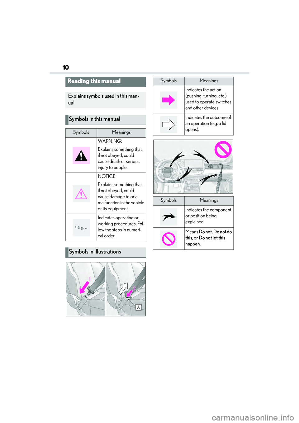 LEXUS ES350 2022  Owners Manual 10
Reading this manual
Explains symbols used in this man-
ual
Symbols in this manual
SymbolsMeanings
WARNING:
Explains something that, 
if not obeyed, could 
cause death or serious 
injury to people.
