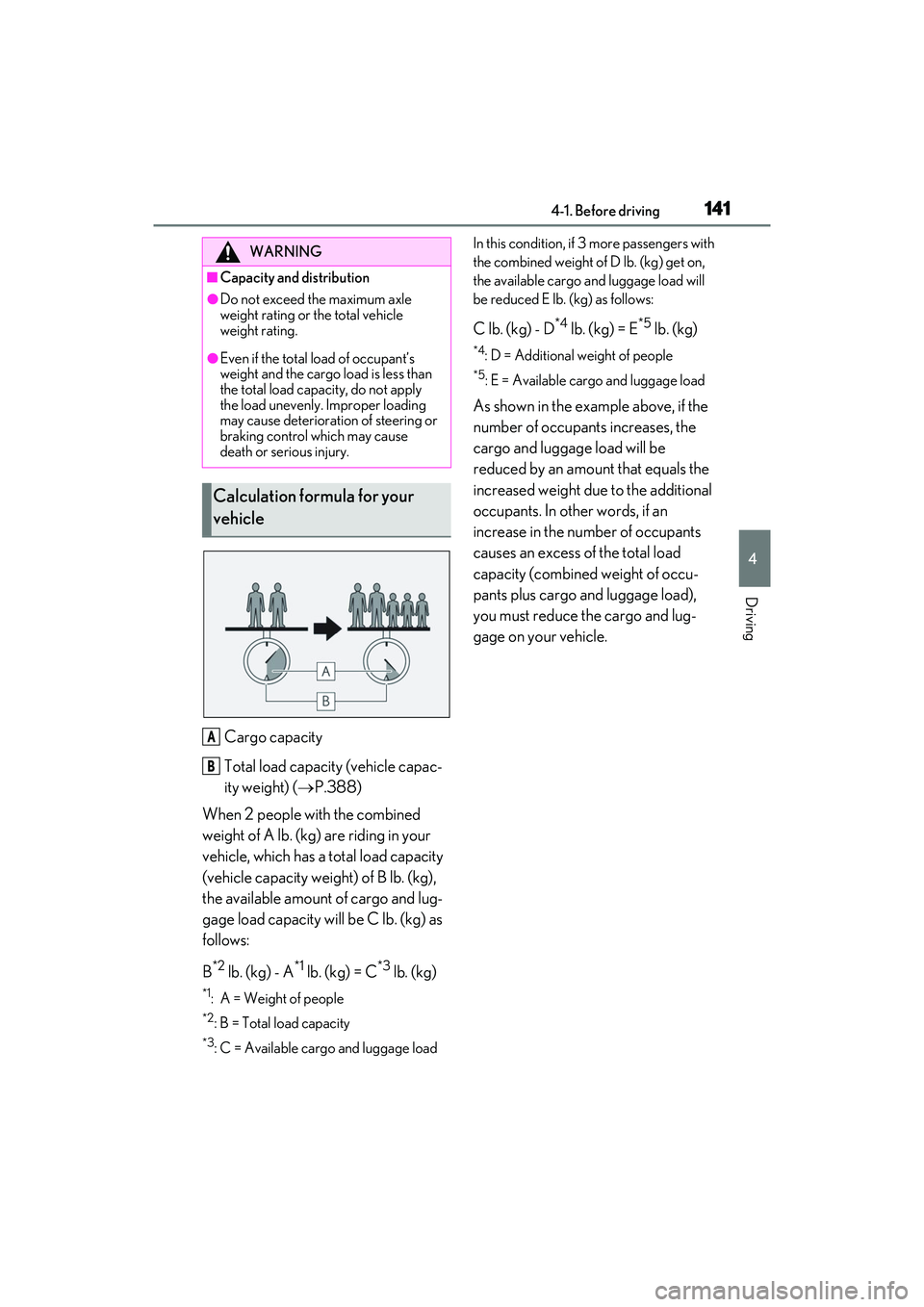 LEXUS ES350 2022  Owners Manual 1414-1. Before driving
4
Driving
Cargo capacity
Total load capacity (vehicle capac-
ity weight) (P.388)
When 2 people with the combined 
weight of A lb. (kg) are riding in your 
vehicle, which has 