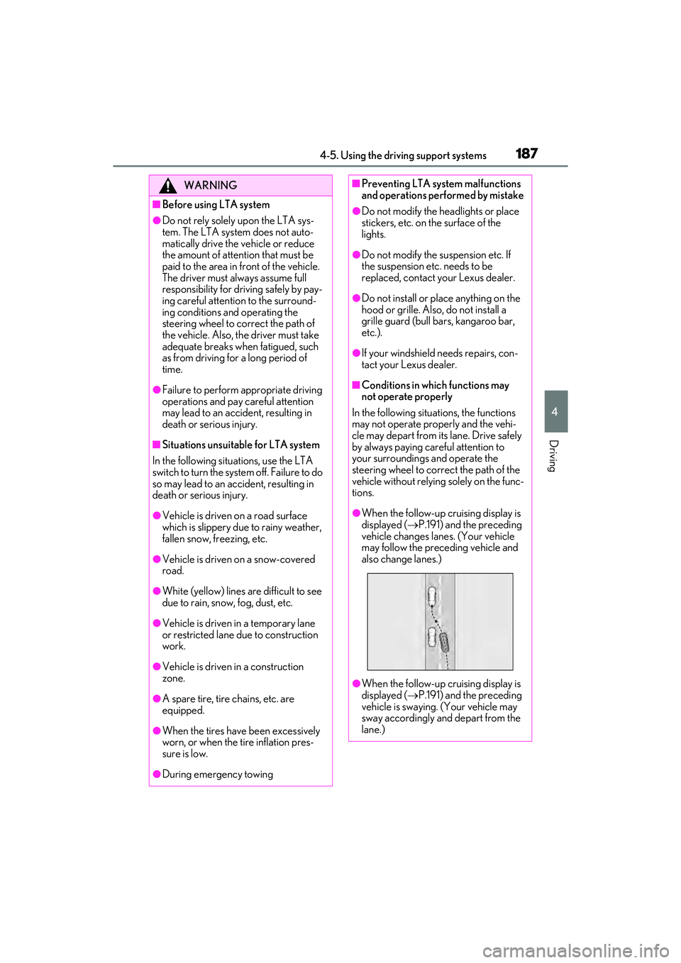 LEXUS ES350 2022  Owners Manual 1874-5. Using the driving support systems
4
Driving
WARNING
■Before using LTA system
●Do not rely solely upon the LTA sys-
tem. The LTA system does not auto-
matically drive the vehicle or reduce 