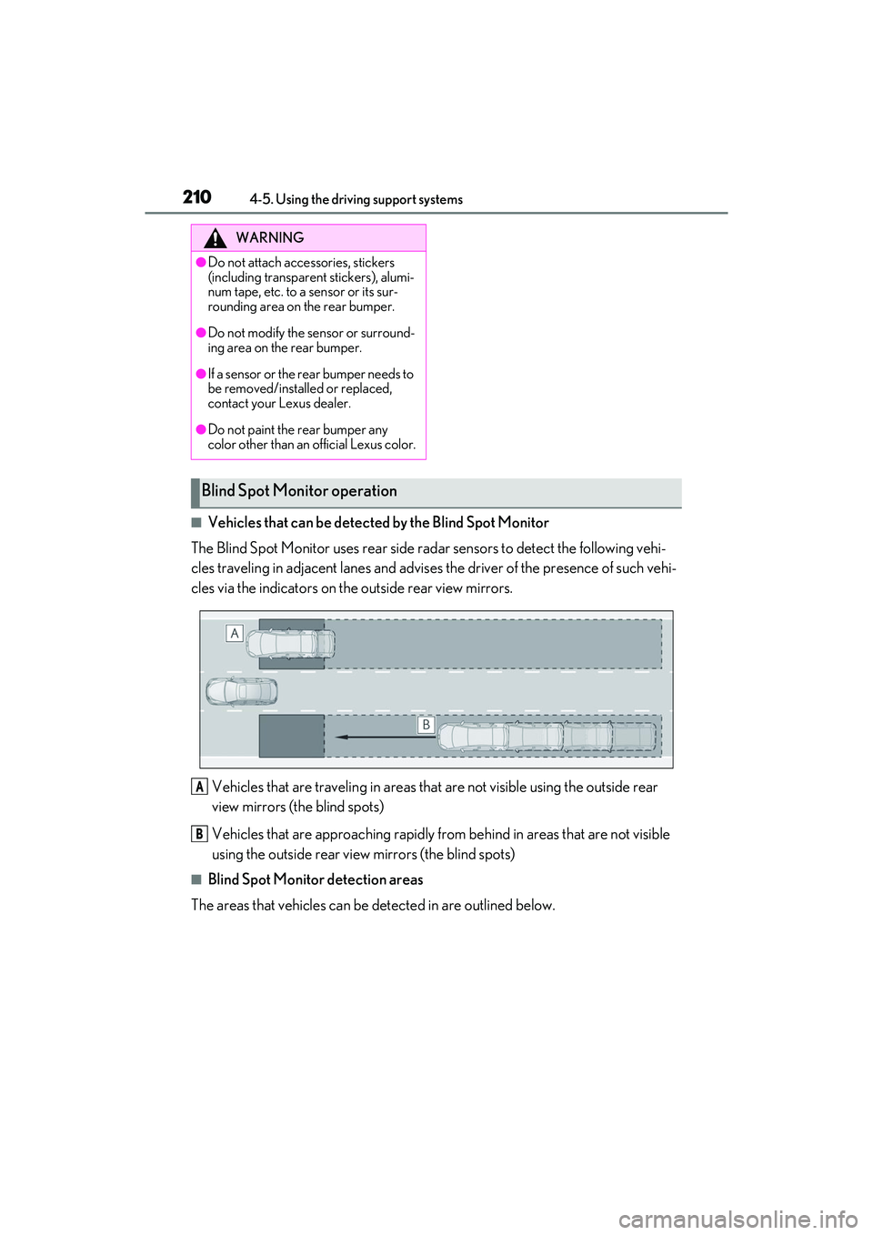 LEXUS ES350 2022  Owners Manual 2104-5. Using the driving support systems
■Vehicles that can be detected by the Blind Spot Monitor
The Blind Spot Monitor uses rear side radar sensors to detect the following vehi-
cles traveling in