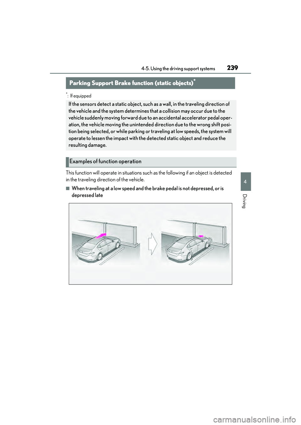 LEXUS ES350 2022  Owners Manual 2394-5. Using the driving support systems
4
Driving
*: If equipped
This function will operate in situations such as the following if an object is detected 
in the traveling direction of the vehicle.
