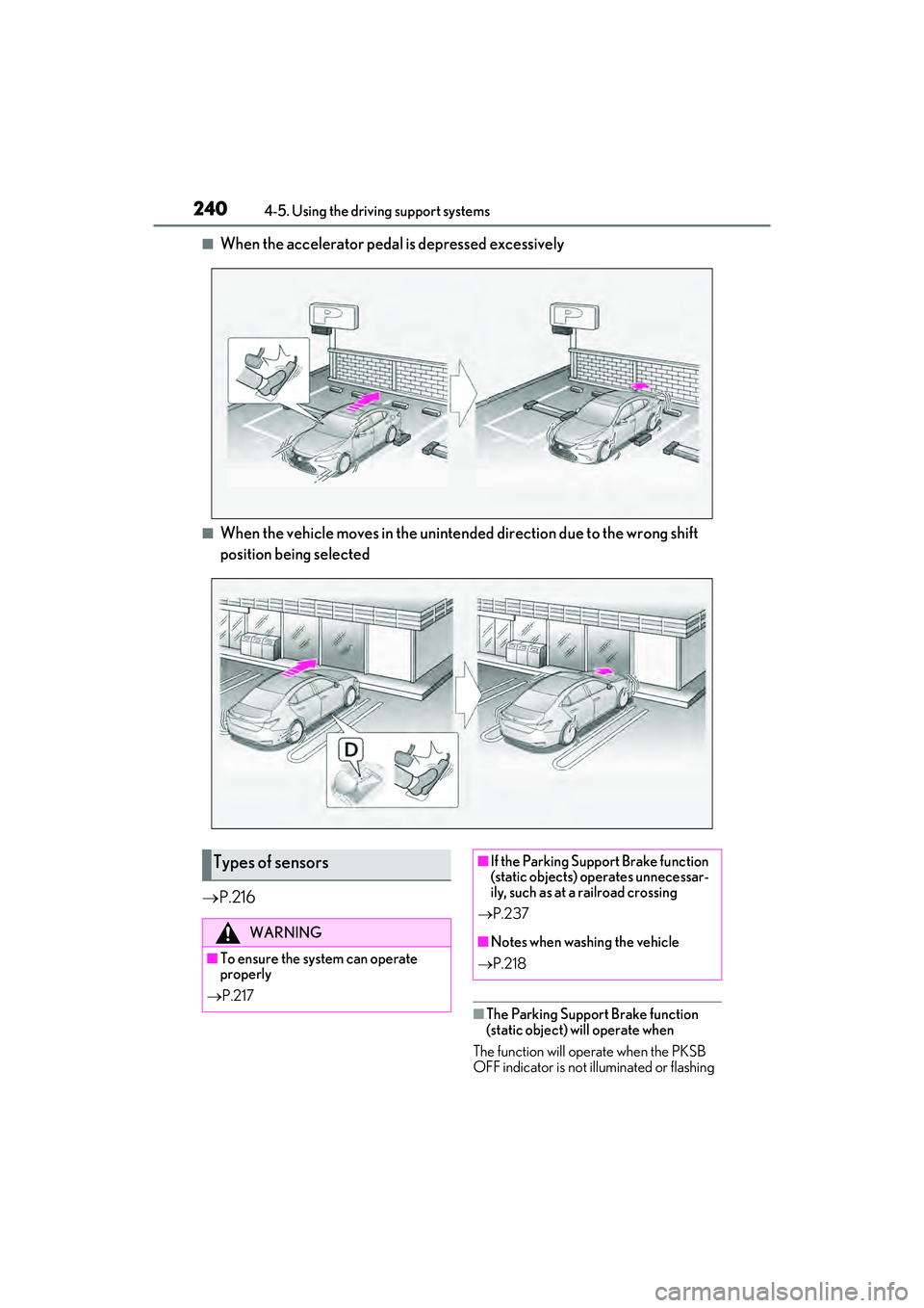 LEXUS ES350 2022  Owners Manual 2404-5. Using the driving support systems
■When the accelerator pedal is depressed excessively
■When the vehicle moves in the unintended direction due to the wrong shift 
position being selected
