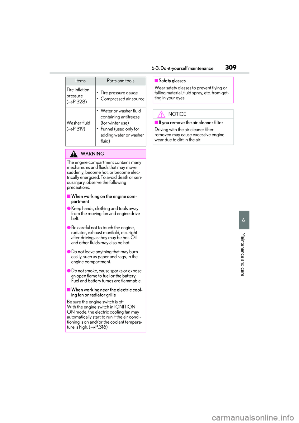 LEXUS ES350 2022  Owners Manual 3096-3. Do-it-yourself maintenance
6
Maintenance and care
Tire inflation 
pressure 
( P.328)• Tire pressure gauge
• Compressed air source
Washer fluid 
( P.319)
• Water or washer fluid 
co