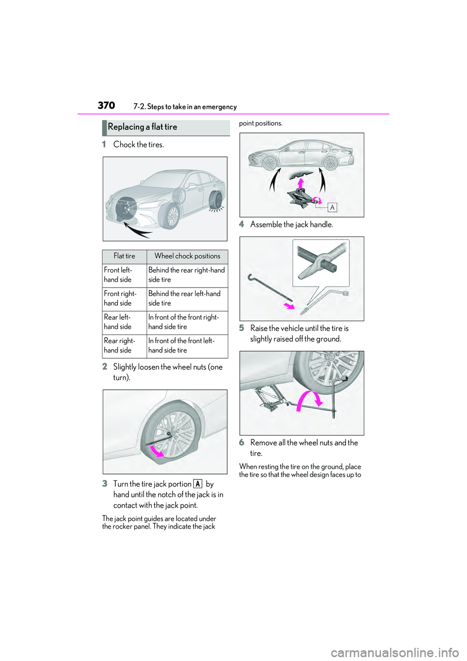 LEXUS ES350 2022  Owners Manual 3707-2. Steps to take in an emergency
1Chock the tires.
2 Slightly loosen the wheel nuts (one 
turn).
3 Turn the tire jack portion   by 
hand until the notch of the jack is in 
contact with the jack p