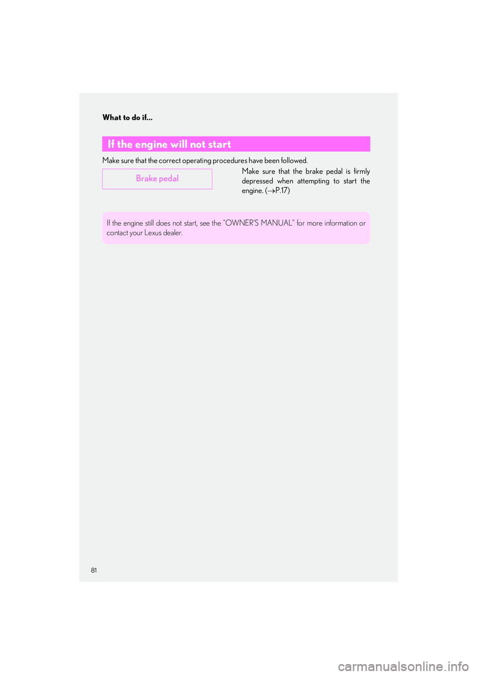 LEXUS ES350 2023  Owners Manual What to do if...
81
ES350_ES250_QG_OM06255U_(U)
Make sure that the correct operating procedures have been followed.
Make sure that the brake pedal is firmly
depressed when attempting to start the
engi