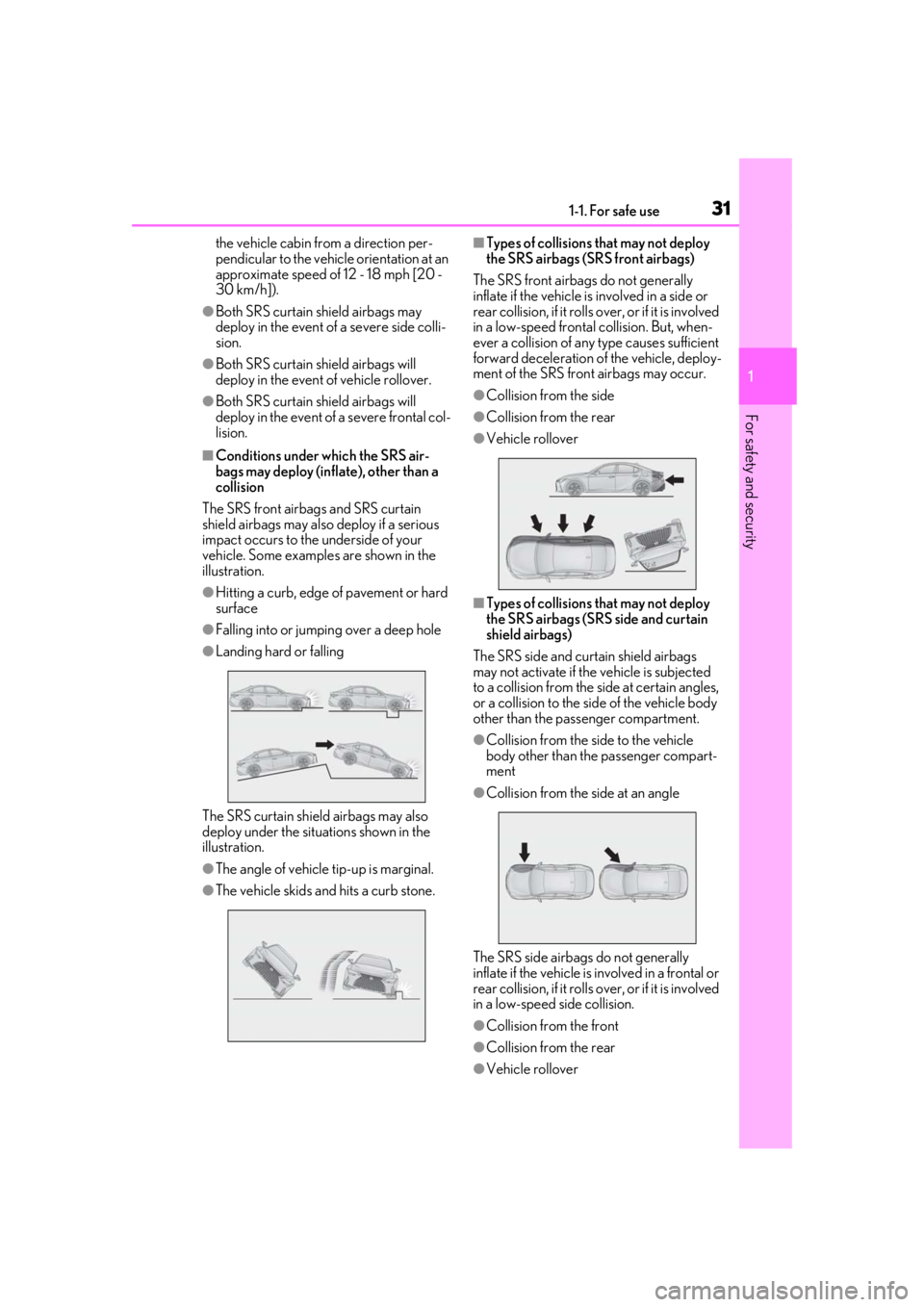 LEXUS IS300 2021  Owners Manual 311-1. For safe use
1
For safety and security
the vehicle cabin from a direction per-
pendicular to the vehicle orientation at an 
approximate speed of 12 - 18 mph [20 - 
30 km/h]).
●Both SRS curtai