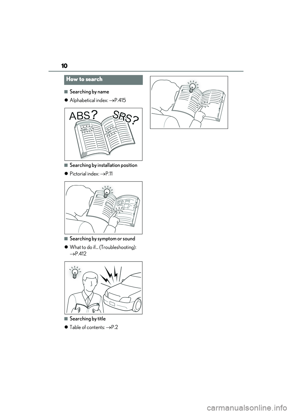 LEXUS IS300 2022  Owners Manual 10
■Searching by name
 Alphabetical index:  P.415
■Searching by inst allation position
 Pictorial index:  P.11
■Searching by symptom or sound
 What to do if... (Troubleshooting): 
