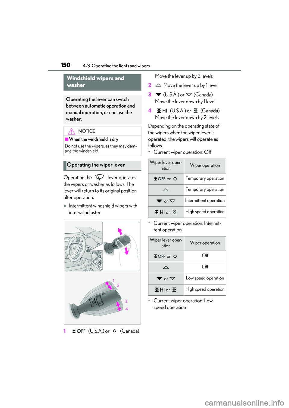 LEXUS IS300 2022  Owners Manual 1504-3. Operating the lights and wipers
Operating the   lever operates 
the wipers or washer as follows. The 
lever will return to its original position 
after operation.
Intermittent windshield wi