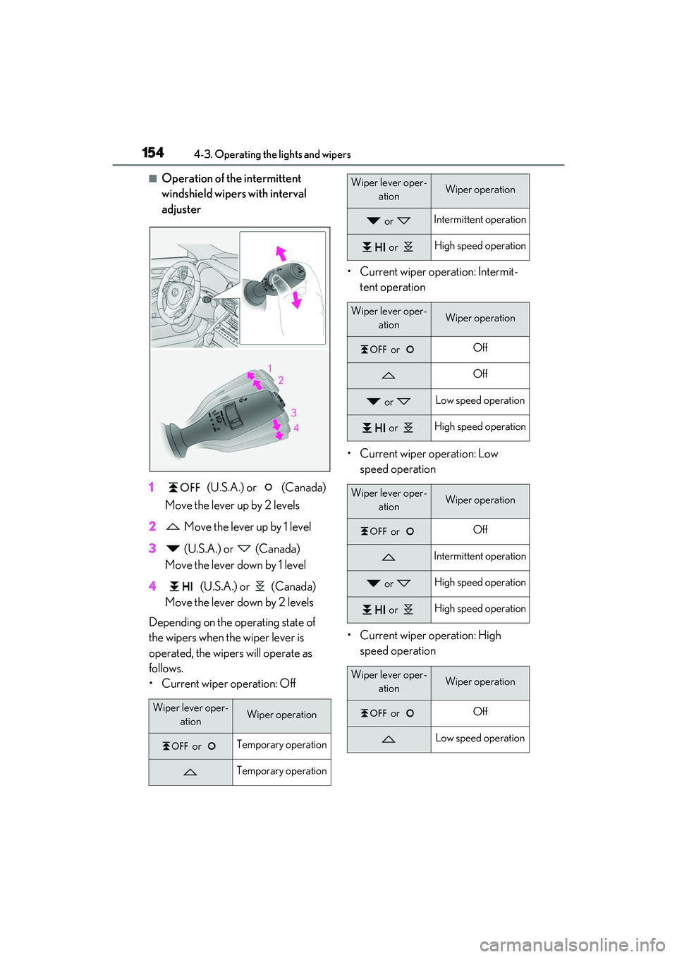 LEXUS IS300 2022  Owners Manual 1544-3. Operating the lights and wipers
■Operation of the intermittent 
windshield wipers with interval 
adjuster
1  (U.S.A.) or   (Canada)
Move the lever up by 2 levels
2  Move the lever up by 1 le