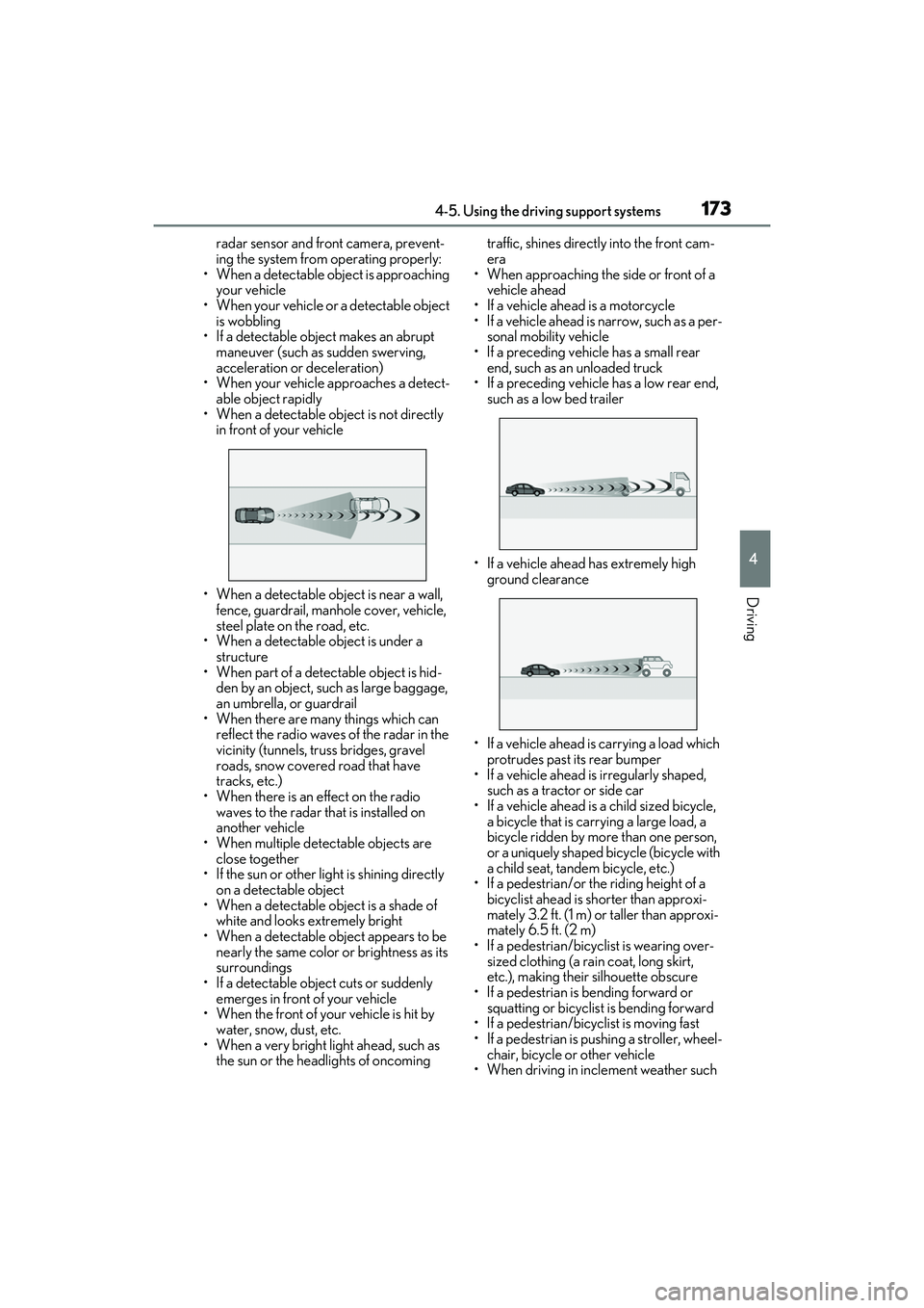 LEXUS IS300 2022  Owners Manual 1734-5. Using the driving support systems
4
Driving
radar sensor and front camera, prevent-
ing the system from operating properly:
• When a detectable object is approaching 
your vehicle
• When y