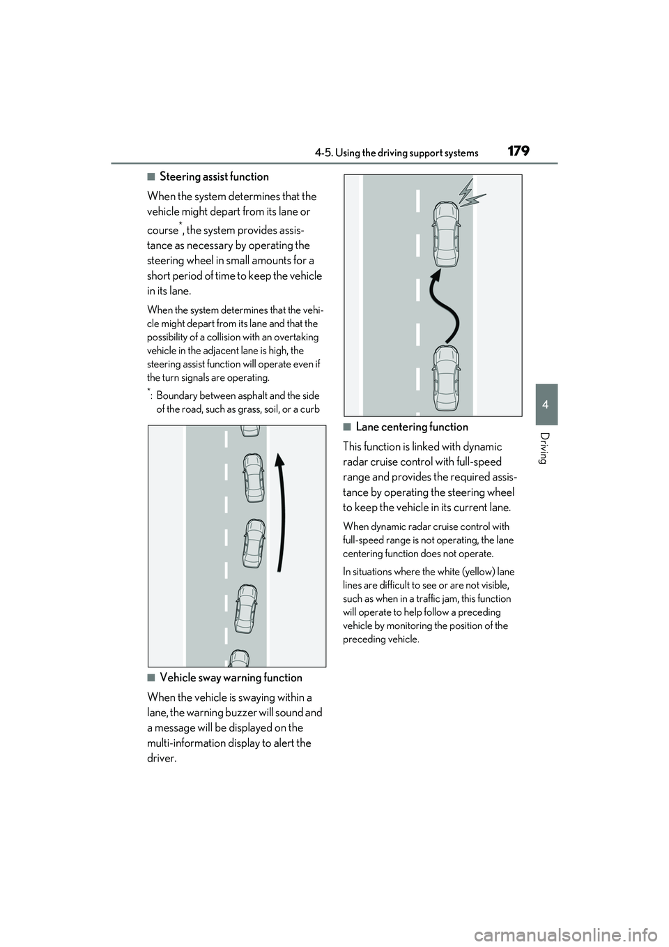 LEXUS IS300 2022  Owners Manual 1794-5. Using the driving support systems
4
Driving
■Steering assist function
When the system determines that the 
vehicle might depart from its lane or 
course
*, the system provides assis-
tance a
