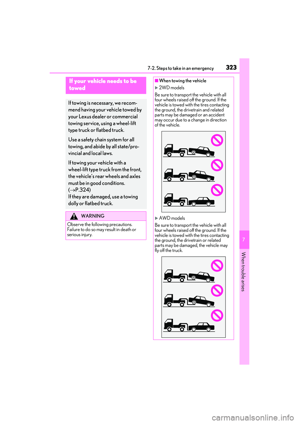 LEXUS IS300 2022  Owners Manual 3237-2. Steps to take in an emergency
7
When trouble arises
7-2.Steps to take in an emergency
If your vehicle needs to be 
towed
If towing is necessary, we recom-
mend having your vehicle towed by 
yo