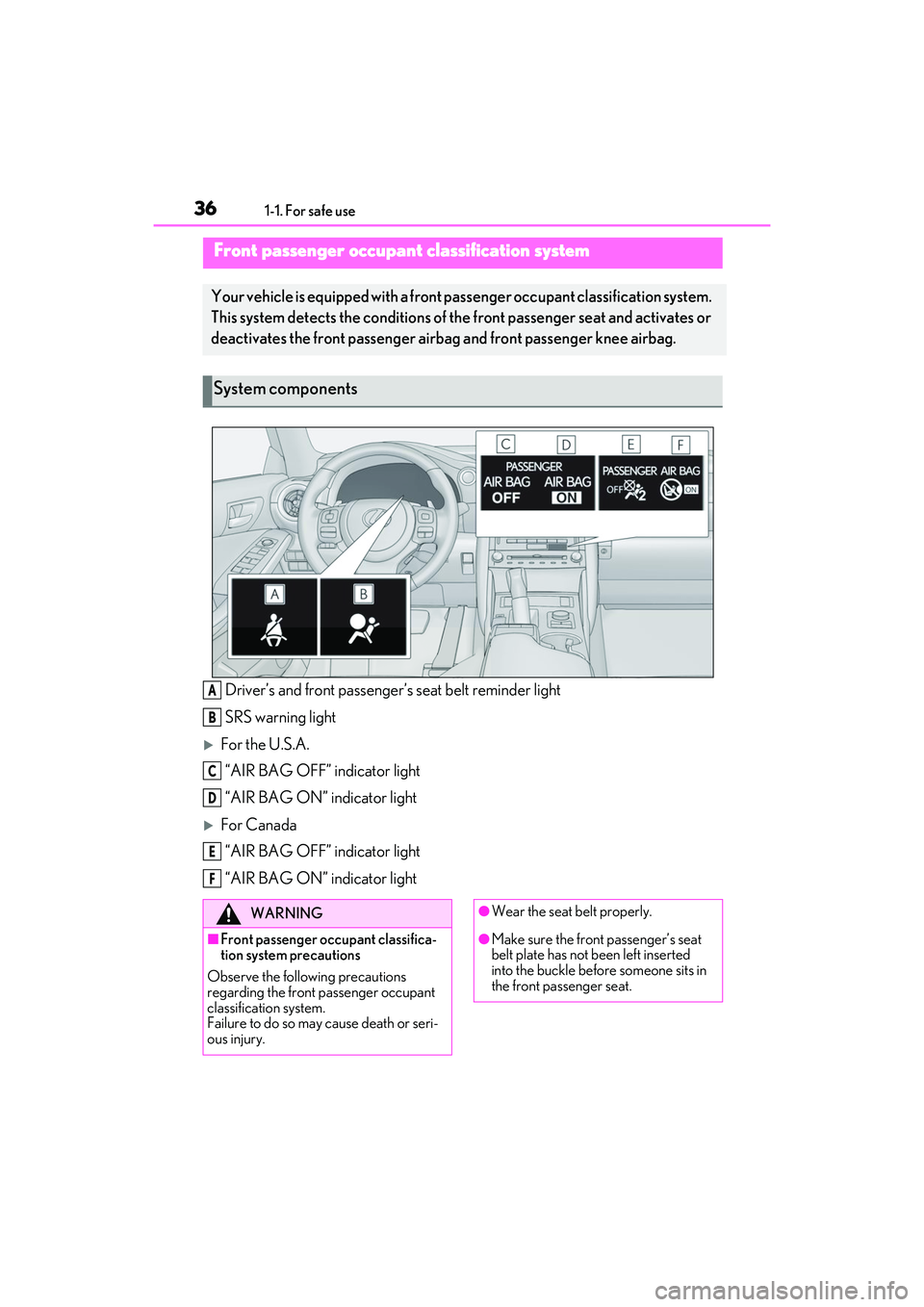 LEXUS IS300 2022  Owners Manual 361-1. For safe use
Driver’s and front passenger’s seat belt reminder light
SRS warning light
For the U.S.A. “AIR BAG OFF” indicator light
“AIR BAG ON” indicator light
For Canada“A